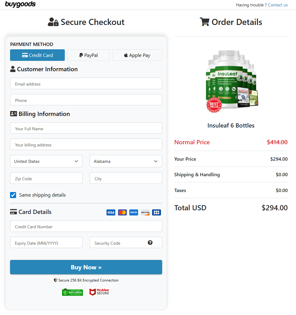 InsuLeaf secure checkout page